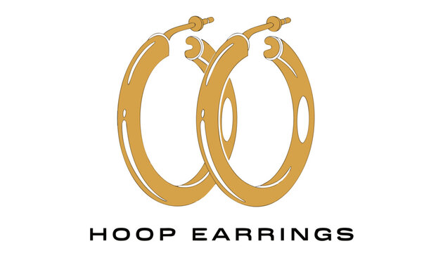 Very beautiful black and white realistic vector illustration of hoop earrings featuring engraved circular details, bold label reading "HOOP EARRINGS", elegant linework, isolated on white background.