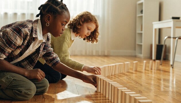 Focused children carefully stacking wooden dominoes in a sunlit living room, playful teamwork and patience captured in warm natural light for childhood learning, strategy and creative development