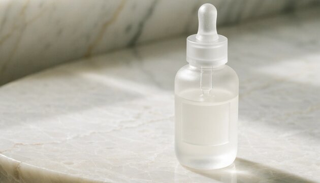 Frosted glass moisturizing serum dropper bottle with blank empty label on light marble surface, soft diffused daylight, minimalist skincare packaging mockup for clean beauty branding