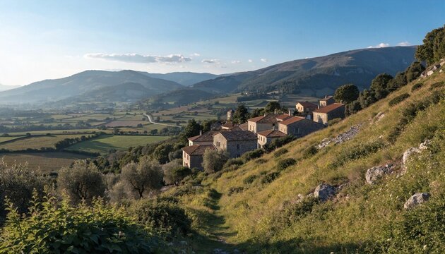 Quiet hillside hamlet of stone houses with terracotta rooftops overlooking green valleys and layered mountains, warm afternoon light on rustic countryside, peaceful Italian village travel scenery