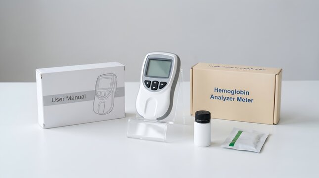 Handheld hemoglobin analyzer meter with test strips and lancet on white surface
