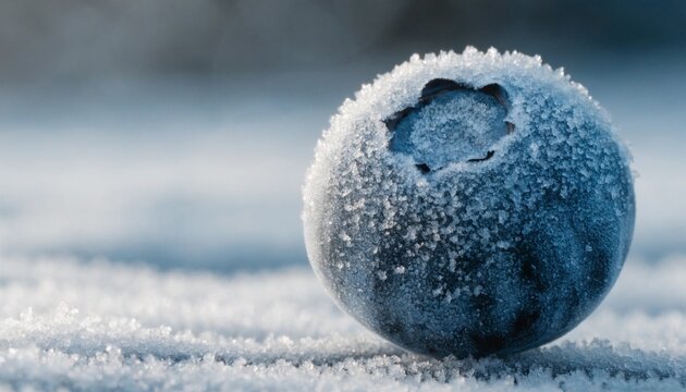 Photorealistic macro of a single blueberry coated in sparkling frost, deep blue skin beneath white ice crystals on snowy surface, cold morning food image for fresh healthy winter nutrition