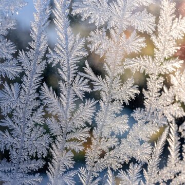 Intricate frost crystals spreading across a winter windowpane, sparkling fernlike ice patterns in cold morning light, abstract natural texture for seasonal backgrounds and weather concepts
