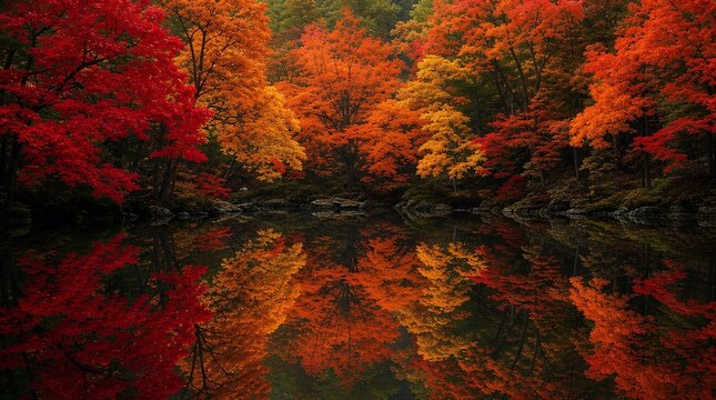 Brilliant red and orange autumn trees reflected in a calm forest pond, perfect for seasonal travel, nature, conservation, and wall decor campaigns.