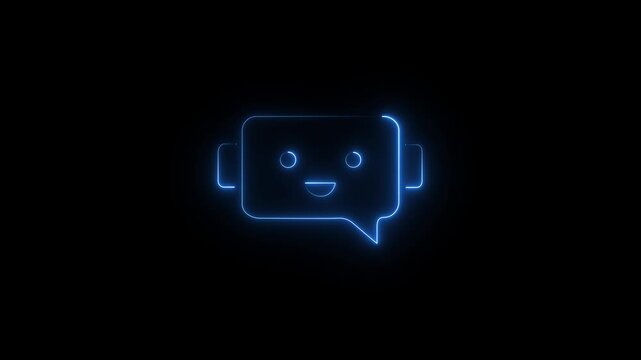 Glowing cyan Neon robot Silhouette with Speech Bubble on Black Background. neon Chatbot icon symbol concept. Voice support service bot. AI Agents and AI driven messaging systems..