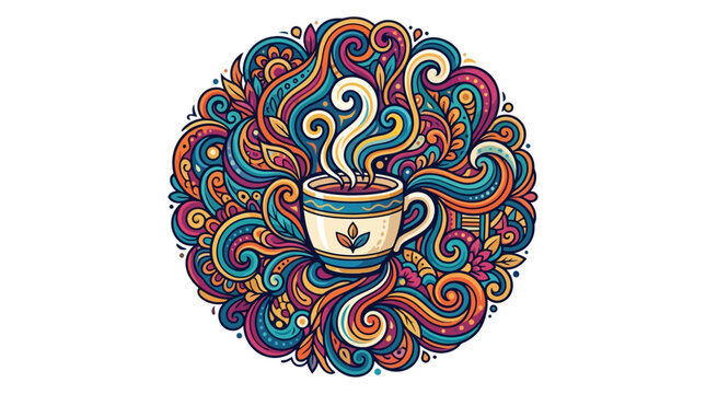 Bohemian coffee cup vector illustration, colorful psychedelic swirl mandala art, steaming hot beverage mug with intricate doodle patterns isolated on White Background