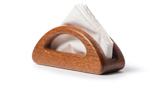 Polished wooden napkin holder with folded white paper napkins isolated on a bright studio background, curved wood grain design for dining table, kitchen, cafe or restaurant service
