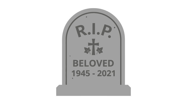 RIP gravestone vector illustration, grey stone headstone with cross and beloved text, cemetery monument icon for funeral or memorial design isolated on White Background