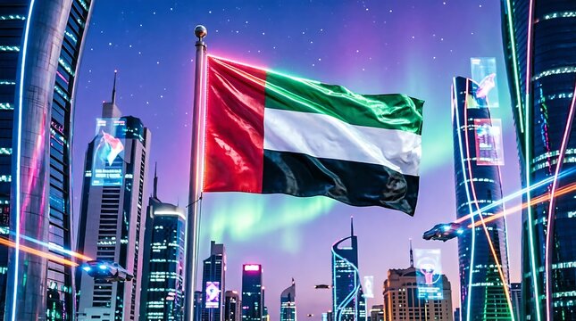 Waving flag of UAE against a futuristic cyberpunk city skyline with neon lights and digital data stream effects