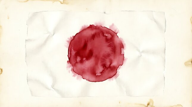 A beautiful watercolor painting of the flag of Japan on aged paper texture with a vintage and artistic aesthetic.