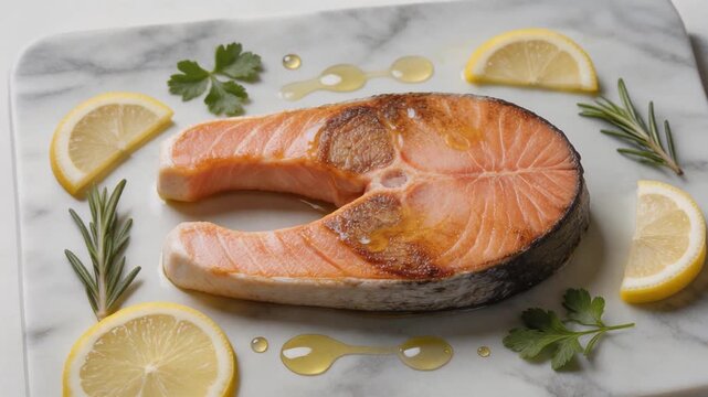 Fresh salmon steak seasoned with lemon slices, rosemary and olive oil on a white marble surface, prepared for healthy gourmet cooking.