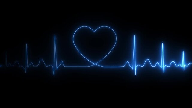 Neon Digital Heartbeat Plus Animation .Abstract neon ,cyan color , heartbeat signal icon animation black background .Neon glowing heart beat icon animation on black background..