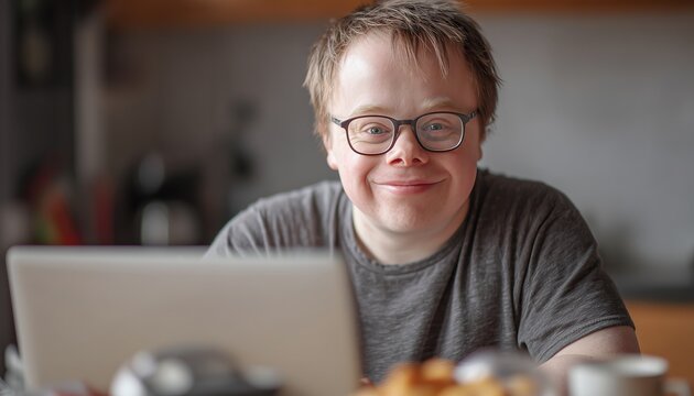 Close up of a smiling young guy with intellectual disability sitting in front of an open laptop computer. Concept of digital literacy, online education and technology accessibility.