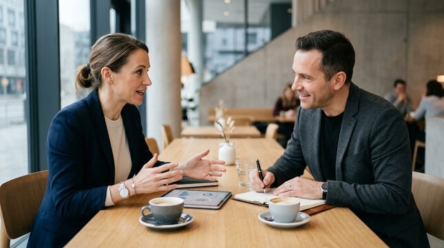 Two professionals discuss charts over coffee in a modern cafe meeting, ideal for business consulting, teamwork, client planning, or workplace collaboration campaigns.