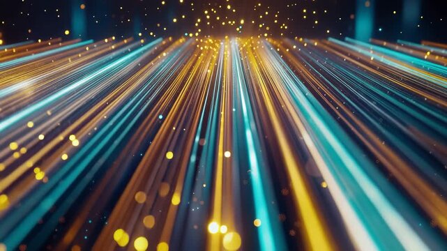 Dynamic glowing light trail of cyan and gold beam represent digital data flow and high speed internet connection in a futuristic network environment.