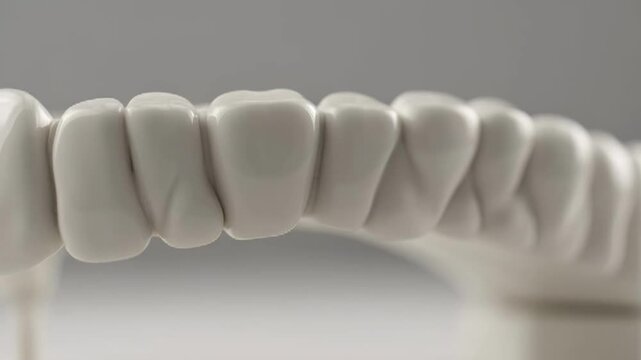 Close-up view of a dental model showcasing perfect white teeth in a curved arch