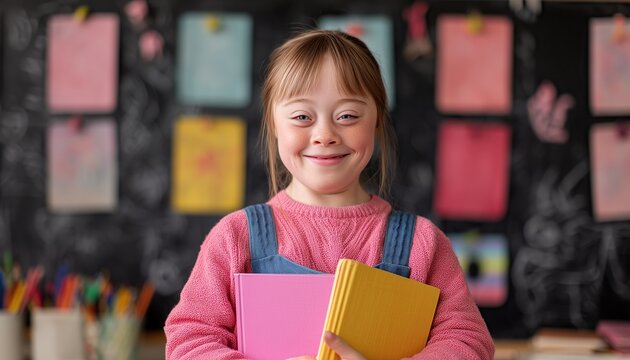 Close up portrait of a proud young schoolgirl with intellectual disability smiling inside a cozy bright classroom. Concept of human dignity, mental wellbeing and confidence.
