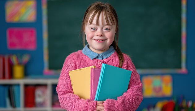 Portrait of a smiling schoolgirl with down syndrome holding colorful notebooks with school shelves in focus. Concept of social adaptation, community support and tolerance.