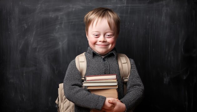 Portrait of a happy student with special needs standing by a chalkboard with books with copy space. Concept of neurodiversity acceptance, inclusive learning and school equality.