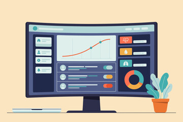 Fototapeta premium Health analytics dashboard on a curved monitor featuring a progress line graph, biometric icons for heart and lungs, and a circular data chart with a plant