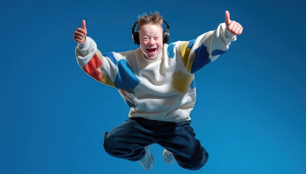 A cheerful teenage boy with down syndrome wearing black headphones and a patterned sweatshirt jumping in the air with both thumbs up. Concept of disability inclusion, energy and pure joy.