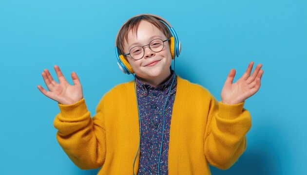 Close up of a joyful boy with special needs listening to audio track in headphones on blue background. Concept of genetic disorders awareness, support and psychological health.