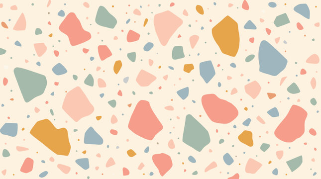 Seamless pastel terrazzo pattern with speckled coral, sage, blue and ocher stone chips on warm cream background, playful modern surface texture for wallpaper, packaging and decor vector