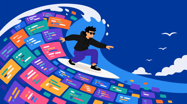 Developer surfing a giant wave of cascading colorful code blocks, playful software engineering, creative programming flow and agile innovation concept in bold vector illustration art