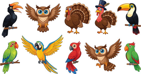 Cute exotic birds and wild poultry cartoon character collection featuring parrot toucan owl and turkey. © Shukimon