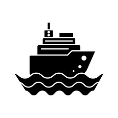Obraz premium Black glyph icon of a cargo ship representing maritime logistics, freight transportation, shipping, and international trade.