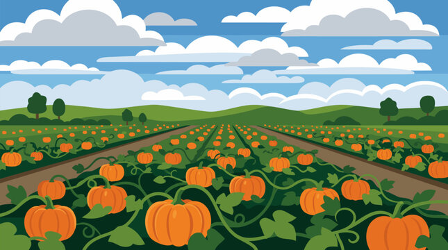 Pumpkin patch with endless rows of bright orange pumpkins and curling green vines under a cloudy blue sky, cheerful autumn harvest farm landscape in clean vector style, seasonal festival backdrop