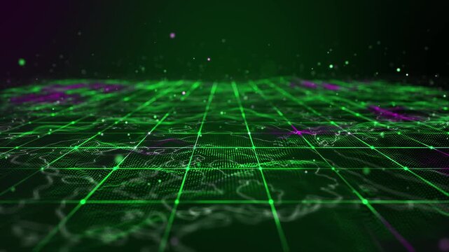 Abstract futuristic digital landscape grid with glowing green and purple particles and network connections.