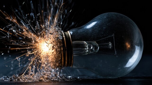 A light bulb shatters due to electrical overload, sending glass fragments and sparks flying against a dark background.
