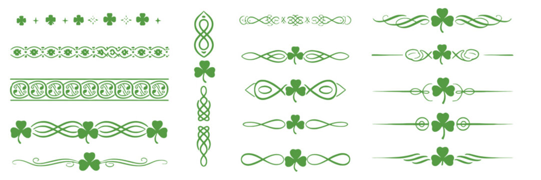 Irish shamrock divider borders illustrating green clover leaves, lucky horseshoe embellishments, ornamental swirls, and elegant vector graphics for festive stationery, invitations, and holiday decorat