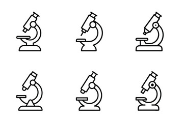 Obraz premium Microscope laboratory science line icons set with medical research equipment, biology test tool, clinical chemistry device & more vector illustration with editable stroke.