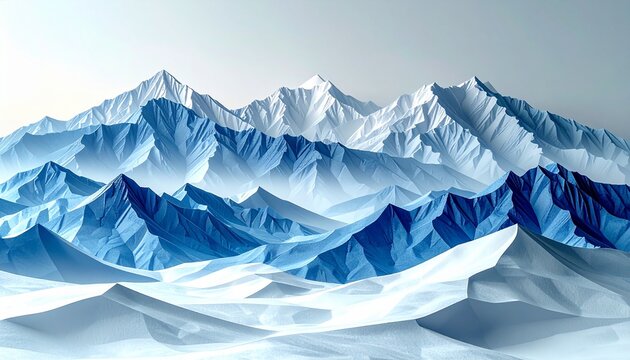 Snow-covered layered paper mountains in white and icy blue with subtle silver texture, minimalist winter landscape