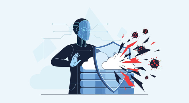 AI robot defends cloud server from virus attack, cybersecurity concept