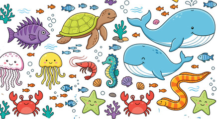 Cute sea animals cartoon character vector collection featuring blue whale turtle jellyfish and red crab. © Shukimon