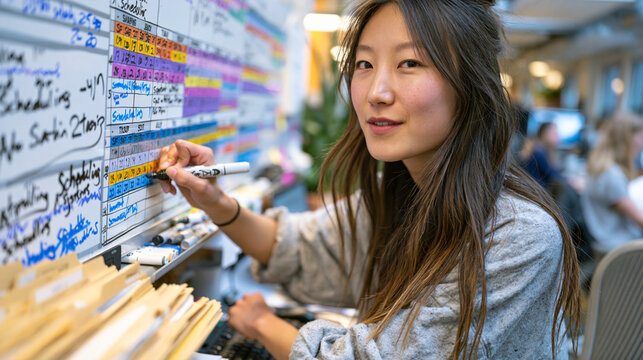 Volunteer program coordinator writes scheduling assignments on a large whiteboard in a nonprofit office, markers in hand, color-coded calendar grid behind her, stacks of manila folders on the desk, 