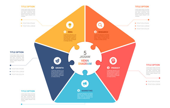 5 Step Triangle Venn Jigsaw puzzle Diagram Infographic Template Background with Business Workflow Process. Vector Illustration.