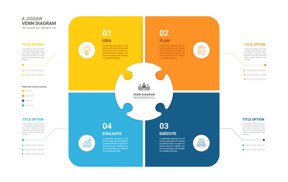 4 Step Triangle Venn Jigsaw puzzle Diagram Infographic Template Background with Business Workflow Process. Vector Illustration.