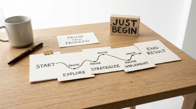 Wooden blocks spell out Just Begin near process chart