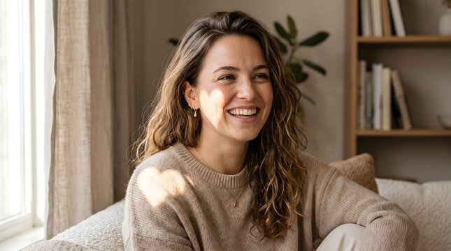 Happy young woman celebrating national girlfriend day at home