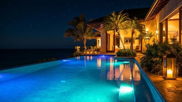 Luxury tropical villa with illuminated infinity pool at night, surrounded by palm trees and ocean views, creating an exclusive resort and vacation atmosphere.