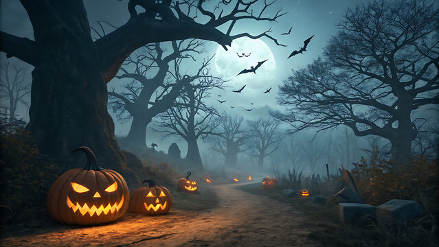 Eerie Halloween night path in a foggy forest with carved glowing pumpkins and full moon background