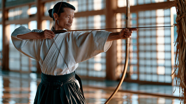 Kyudo practitioner standing in ceremonial shooting posture at indoor dojo, traditional kimono and hakama worn with formal precision, bamboo yumi bow at full draw aimed at straw target, morning light