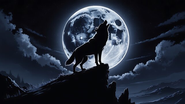 Lone wolf howling at full moon under dramatic night sky with clouds and wilderness silhouette