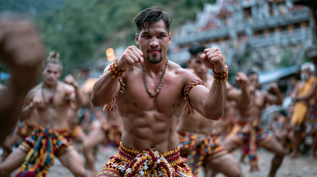 Muay Thai students practicing traditional wai kru ram muay group ceremony at regional training camp, multiple fighters moving in unison through ritual movements on outdoor canvas, senior kru watchin