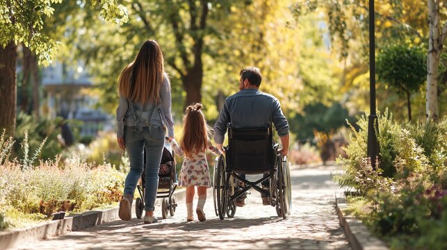 A disabled father in a wheelchair, a little girl, and a woman walk away on a stone pavement path in a sunny green garden. Concept of happy parenthood and accessible lifestyle.