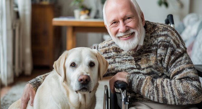A happy elderly disabled man with a white beard smiles at the camera, leaning next to his loyal yellow labrador retriever at home. Concept of pet therapy and companionship.